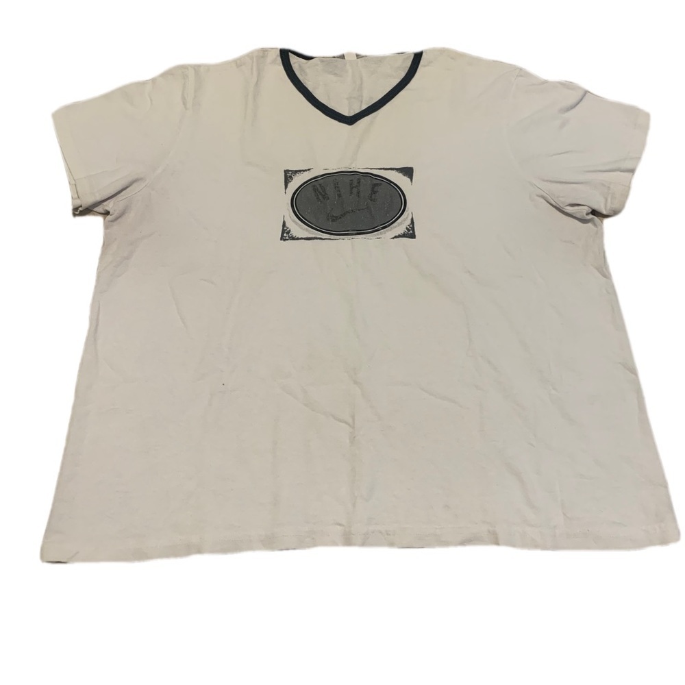 💙 Vintage Nike V-Neck Ringer T-Shirt - White with Black Trim - XL - Made in USA